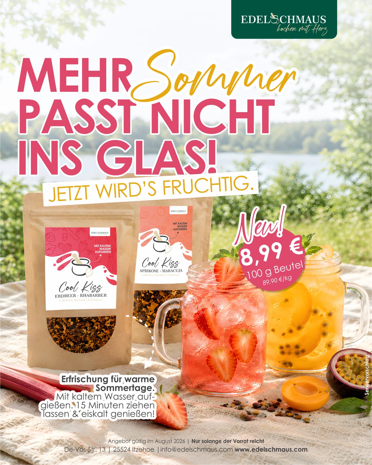Edelschmaus Cool Kiss Cold Brew Früchtetee in den Sorten Erdbeer-Rhabarber und Aprikose-Maracuja