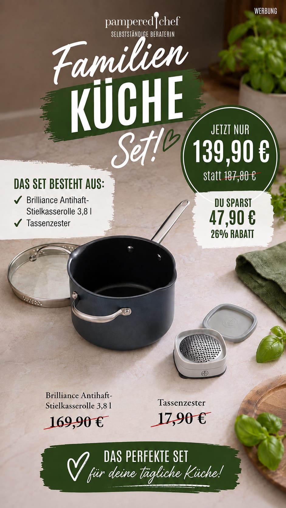 Pampered Chef Familien-Küche-Set mit Brilliance Antihaft-Stielkasserolle und Tassenzester