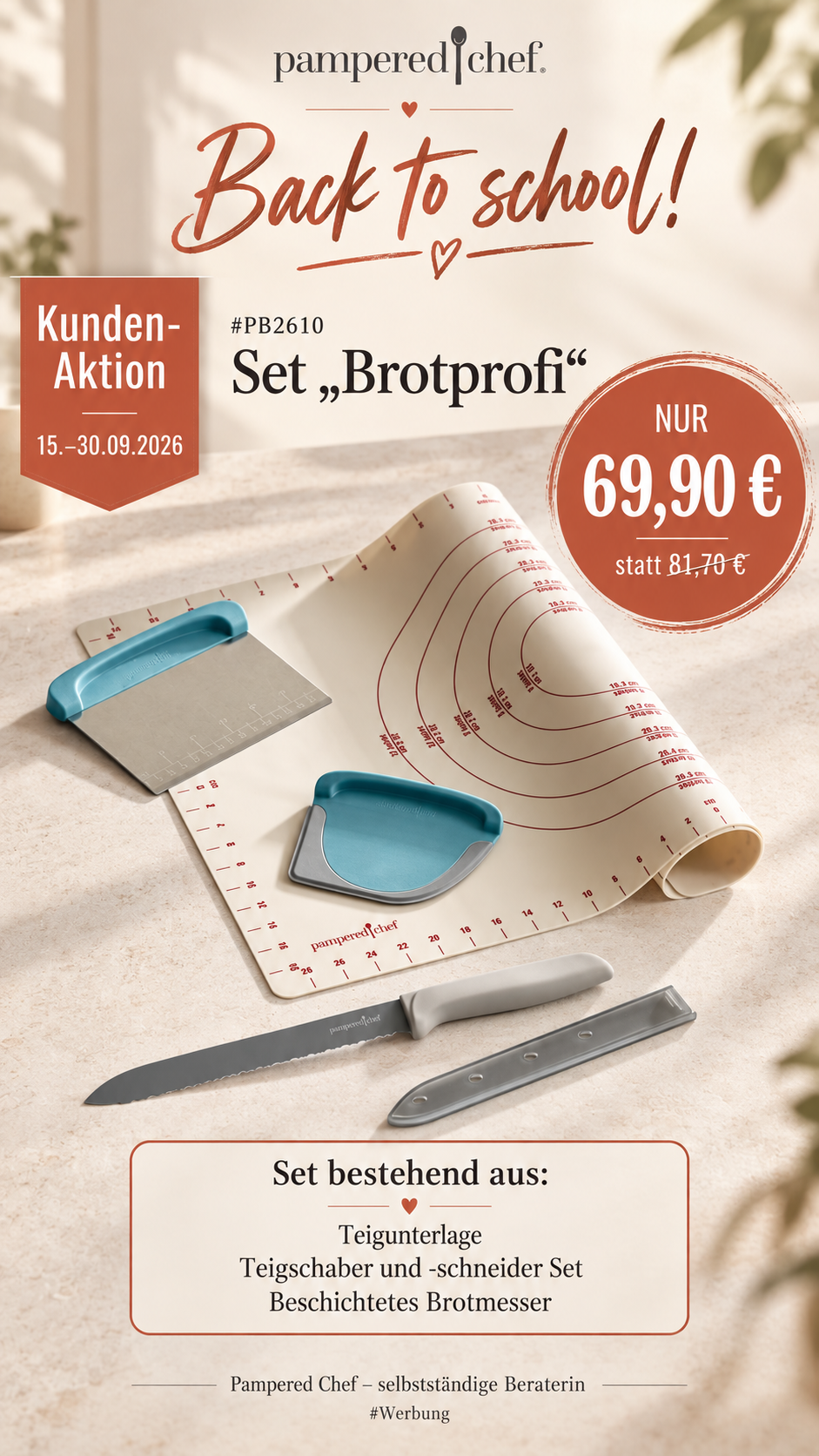 Pampered Chef Set Brotprofi mit Teigunterlage, Teigschaber-Set und beschichtetem Brotmesser