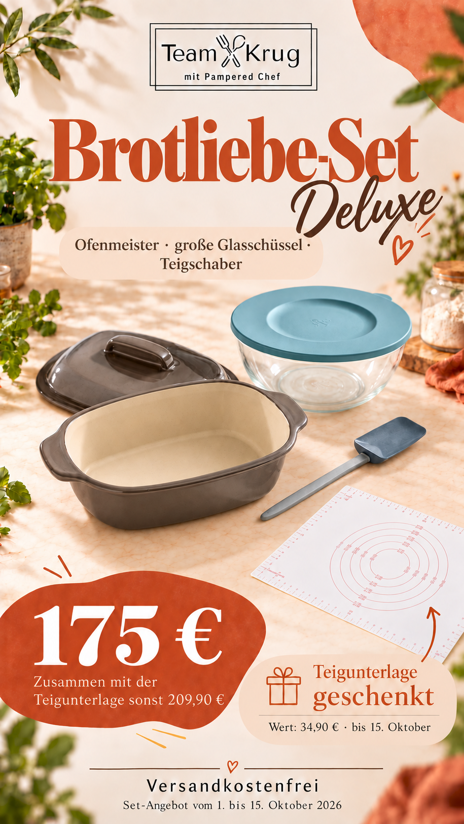 Pampered Chef Brotliebe-Set Deluxe mit Ofenmeister, großer Glasschüssel und Teigschaber