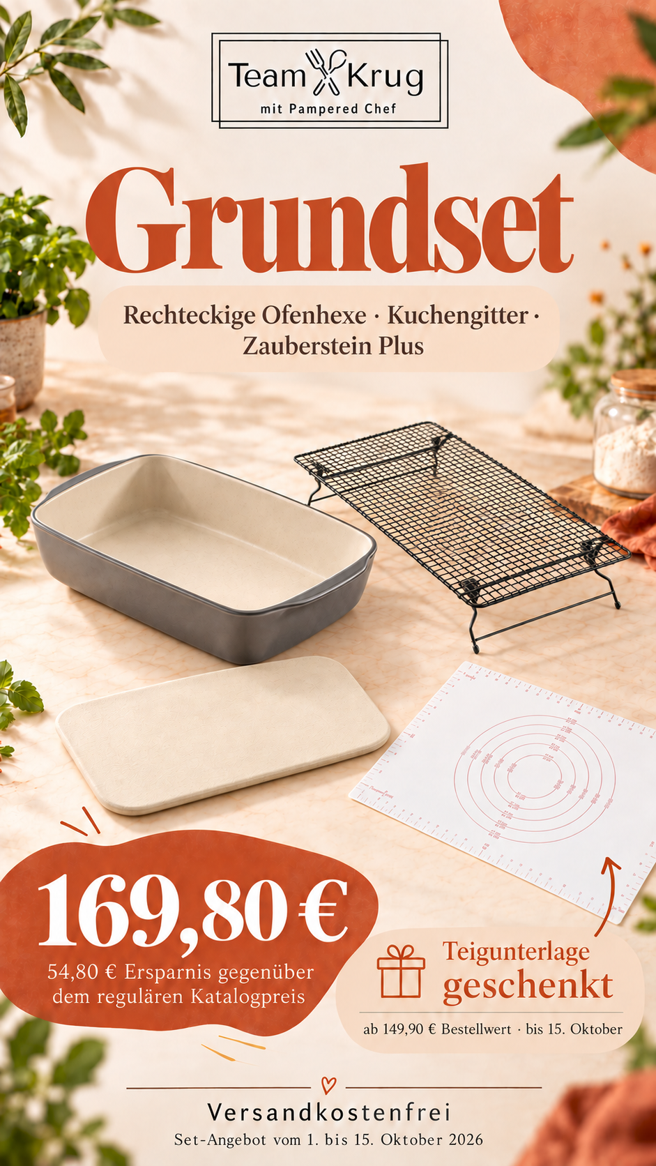 Pampered Chef Grundset mit rechteckiger Ofenhexe, Kuchengitter und Zauberstein Plus